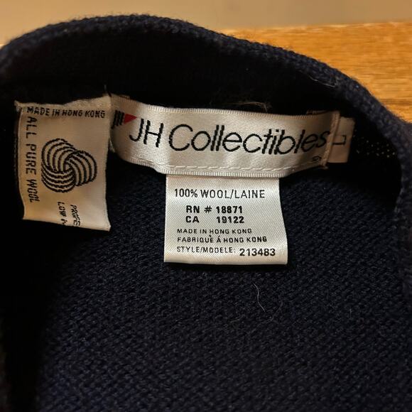 Vtg JH Collectibles Navy Wool Cardigan Sz Large Embroidered Flowers Gold Buttons - Picture 2 of 6